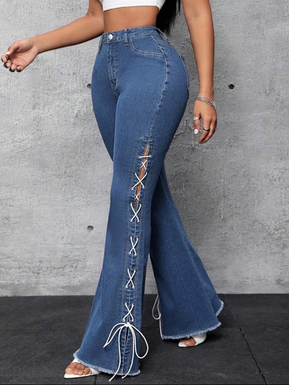 Blue Lace-Up Side Detail Flare Jeans
